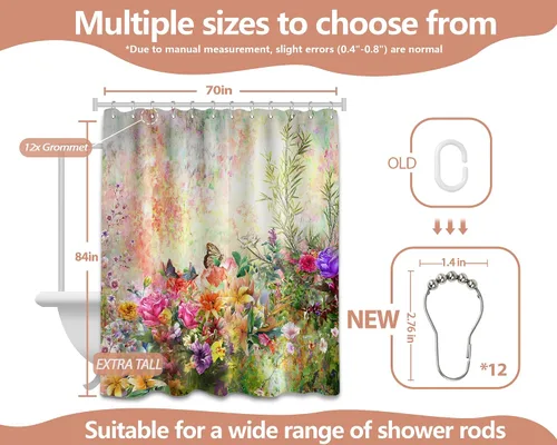 Miniatura 9 de Cortina de ducha floral para primavera y verano, flores silvestres, flores y mariposas, decoración de baño, tela impermeable con ganchos, 70