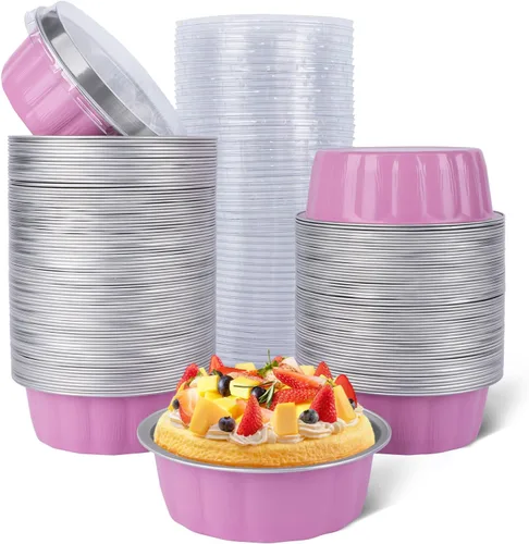Miniatura 39 de Beasea Ramequines con tapas, 8oz 50 unidades de tazas de aluminio desechables para hornear, tazas de papel de aluminio plateado para creme brulee