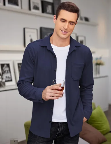 Miniatura 4 de COOFANDY Camisa de pana para hombre, estilo chaqueta ligera, de manga larga, con botones