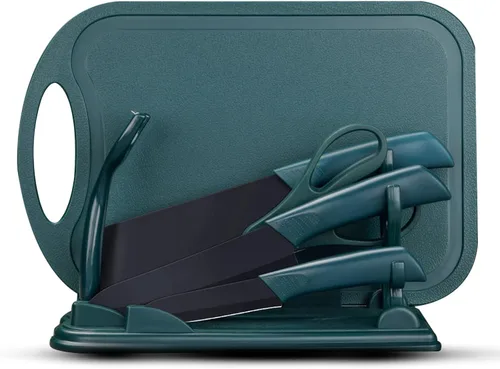 Miniatura 8 de Magicorange Juego de cuchillos de cocina de 7 piezas, 5 cuchillos de acero inoxidable negros con fundas, tabla de cortar y un bloque de cuchillos