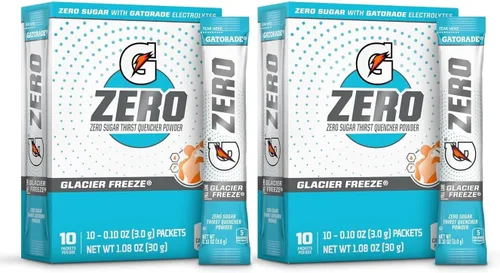 G Zero - Paquetes de polvo con electrolitos, vitaminas y sin azúcar, 20 unidades (paquete de 2) (20 paquetes, Glacier Freeze)