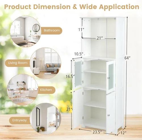 Miniatura 3 de COSTWAY Armario alto de almacenamiento para baño, armario de despensa de cocina independiente con puertas de vidrio y estante ajustable, gabinete