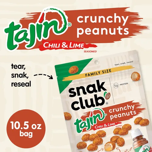Miniatura 3 de Snak Club Tajin - Cacahuetes crujientes, nueces con chile y condimento de lima, suave, sin colores ni sabores artificiales, bolsa resellable de 10.5