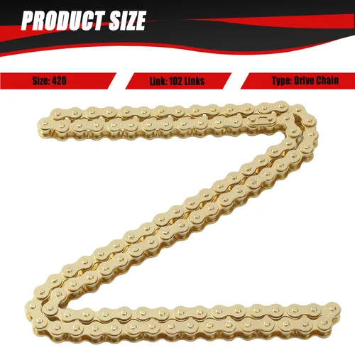 Miniatura 6 de KAMIER Cadena de transmisión 420 de 102 eslabones color dorado con herramienta de rotura de cadena para CRF50F XR50R KX65 KLX110 TTR110 50cc 70cc