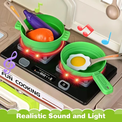 Miniatura 3 de Juego de cocina, juego de cocina para niños con sonido y luz realista, estufa de cocina, fregadero, comida de juego y accesorios, 57 piezas de Verde
