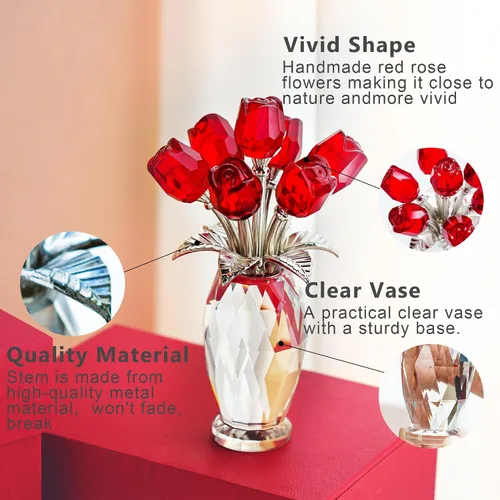 Miniatura 4 de H&D HYALINE & DORA Figura de flor de rosa de cristal, adorno de ramo de flores de vidrio, regalo de rosa de vidrio para Navidad, Día de la Madre