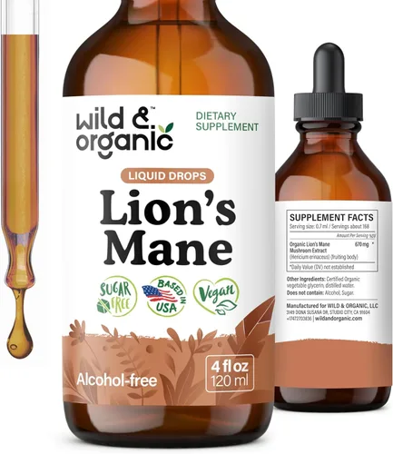 Wild & Organic Gotas líquidas de melena de leones, apoyo para el cerebro y la concentración, suplemento de hongo melena de león - Gotas de hongo