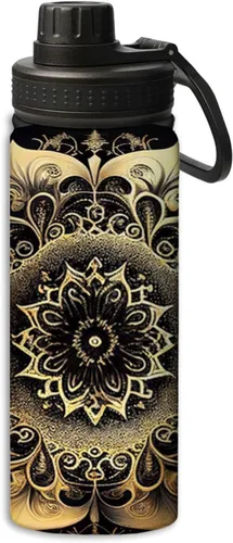 Miniatura 16 de Hermosa botella de agua de acero inoxidable de 18 onzas con patrón circular de mandala dorada, botella de agua deportiva de doble pared aislada al