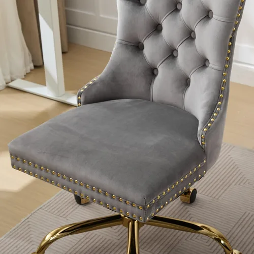 Miniatura 4 de LKTART Silla de oficina tapizada de terciopelo con botón copetudo con base de metal dorado, silla de escritorio ajustable silla de oficina giratoria