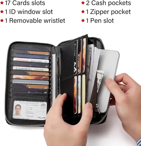 Miniatura 2 de BOSTANTEN - Carteras de cuero para mujer bloqueo de identificación por radio frecuencia RFID cierre de cremallera alrededor tarjetero cartera