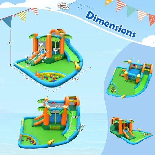 Miniatura 7 de HONEY JOY Tobogán acuático inflable, parque acuático gigante 7 en 1, casa hinchable para patio trasero al aire libre, pared de escalada, toboganes