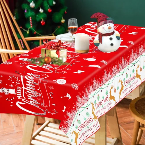 Miniatura 2 de Paquete de 3 manteles navideños desechables de plástico, manteles de mesa navideños rectangulares rojos para fiestas, con estampado de árbol