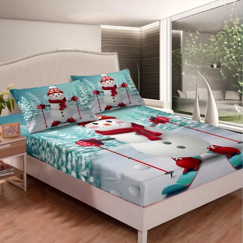 Miniatura 2 de Erosebridal Juego de ropa de cama de muñeco de nieve, tamaño individual, sábana bajera ajustable de esquí kawaii para árbol de Navidad, para niños