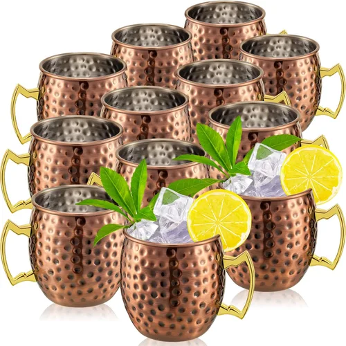 Miniatura 8 de Tessco 12 Piezas Tazas Moscow Mule de 16 oz Kit de Tazas de Cobre 304 Acero Inoxidable Chapado en Cobre Martillado Tazas Mule para Bebidas Frías