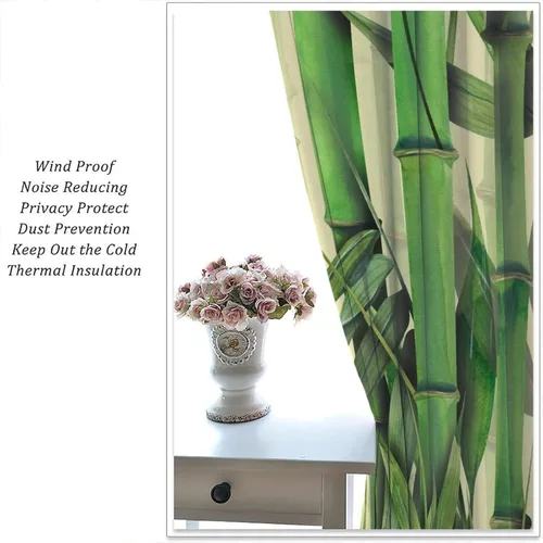Miniatura 5 de Cortinas con estampado de bambú verde natural, plantas asiáticas, japonesas, tallos rústicos, hojas, cortina de selva con bolsillo para cortinero