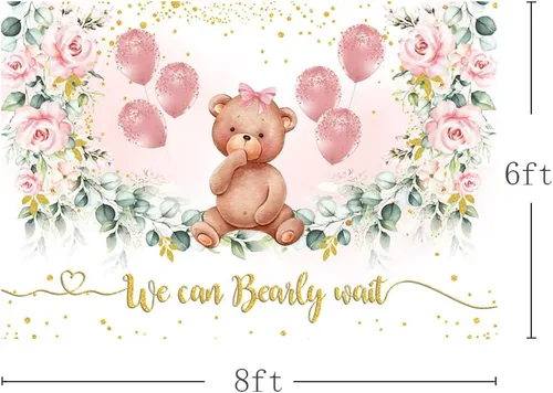 Miniatura 3 de MEHOFOND Telón de fondo de fiesta de oso para baby shower para niña, fondo de fotografía floral rosa rubor, puntos con purpurina dorada, hojas