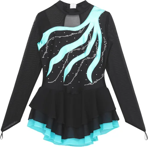Miniatura 8 de Loyan Vestido de patinaje artístico brillante para niñas y niñas, de malla, de manga larga, patinaje sobre ruedas, competición de baile