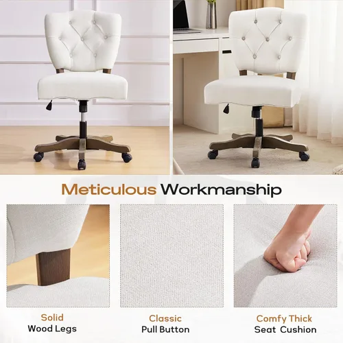Miniatura 9 de HUIMO Silla de escritorio giratoria tapizada de tela copetuda de felpilla con ruedas, altura ajustable, silla clásica de tareas con patas de madera
