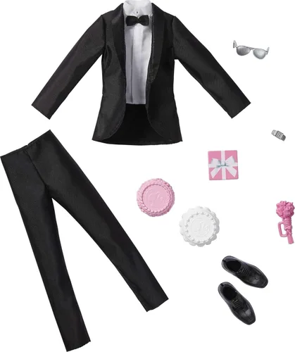 Barbie Paquete de moda y accesorios, conjunto de novia con traje de novio para muñeca Ken con esmoquin, zapatos, reloj, pastel de boda con bandeja y