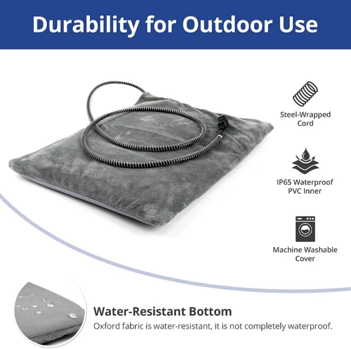 Miniatura 4 de Cama térmica para gatos al aire libre, almohadilla térmica suave para mascotas con cable envuelto en acero, calentador exterior de mascotas para Gris