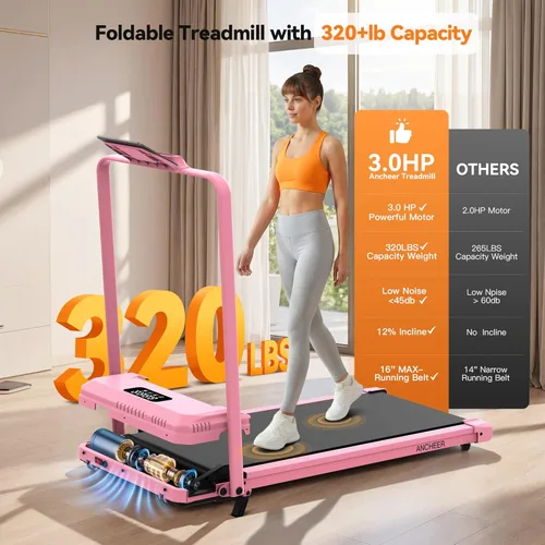 Miniatura 4 de ANCHEER Cinta de correr con inclinación del 12%/15%, almohadilla plegable con barra de asa, capacidad de 320-450 libras debajo del escritorio, Rosa