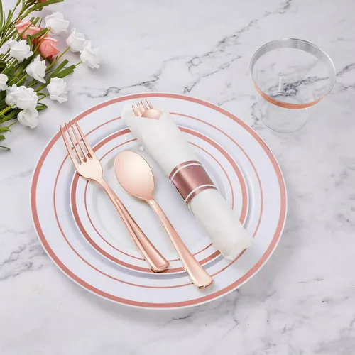 Miniatura 2 de Goodluck Juego de vajilla de plástico color oro rosa de 175 piezas para 25 invitados, elegantes platos desechables para fiesta, incluye: 25 platos