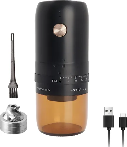 ELMWAY - Molinillo de café eléctrico portátil con rebabas de acero inoxidable y ajuste de grosor externo, compacto para viajes y uso doméstico,