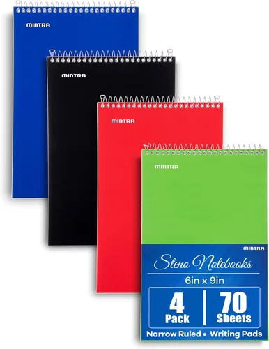 Mintra Office Steno Books - (colores primarios, 4 blocs por paquete, rayas estrechas), 6 x 9 pulgadas, 70 hojas, cuaderno para escribir notas en la