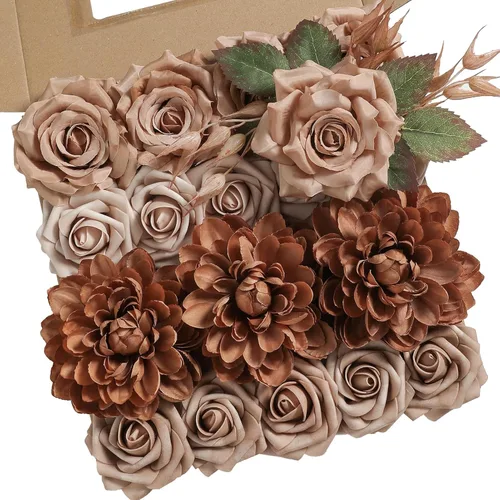 Miniatura 9 de rongflower Flores artificiales de aspecto real, color rosa polvoriento, rosas falsas de espuma con tallos, 25 piezas para bricolaje, bodas, Rosa