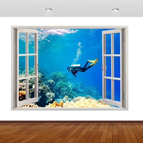 Póster de vinilo 3D con efecto de pared aplastado bajo el agua, buceo, mar, 30 x 20 pulgadas