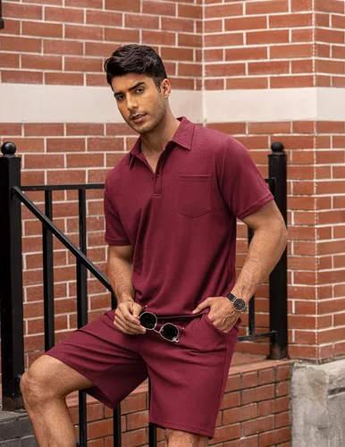 Miniatura 15 de COOFANDY Conjunto de camisa polo y pantalones cortos de punto gofre para hombre, conjunto de 2 piezas, traje de verano casual con bolsillos