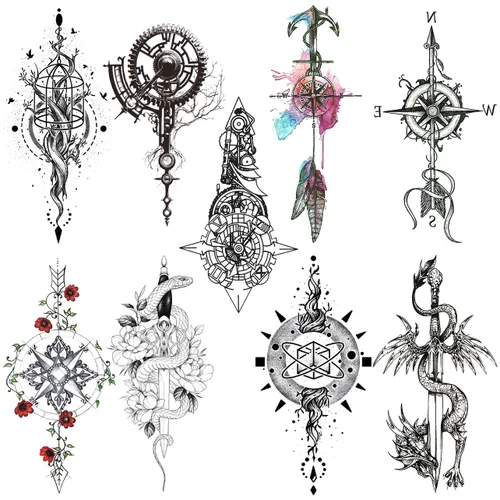 8 hojas de tatuajes temporales negros con flechas, brújulas, plumas, dragones, anclas, espadas, serpientes, árboles y flores para el brazo