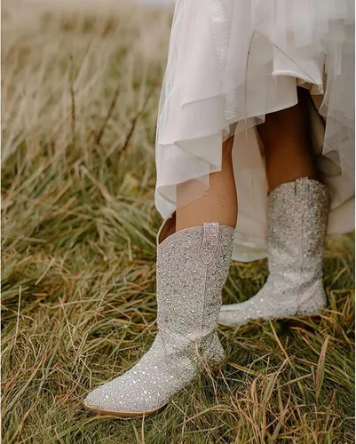 Miniatura 6 de MUCCCUTE Botas vaqueras con diamantes de imitación para mujer, puntera puntiaguda, tacón de 2.0 in, botas altas hasta la rodilla, botas