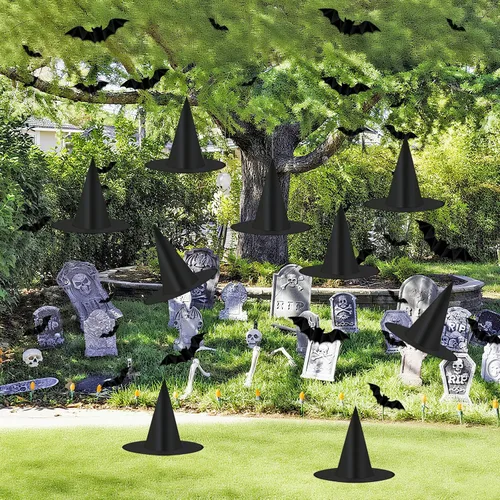 Miniatura 6 de Tepoobea Decoraciones de Halloween, sombreros de bruja negra, paquete de 8 sombreros de bruja colgantes y 32 piezas de murciélagos 3D, decoraciones