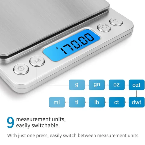 Miniatura 2 de Báscula digital de cocina 17.64 oz 0.00 oz báscula de alimentos de alta precisión báscula de cocina multifuncional de acero inoxidable con pantalla
