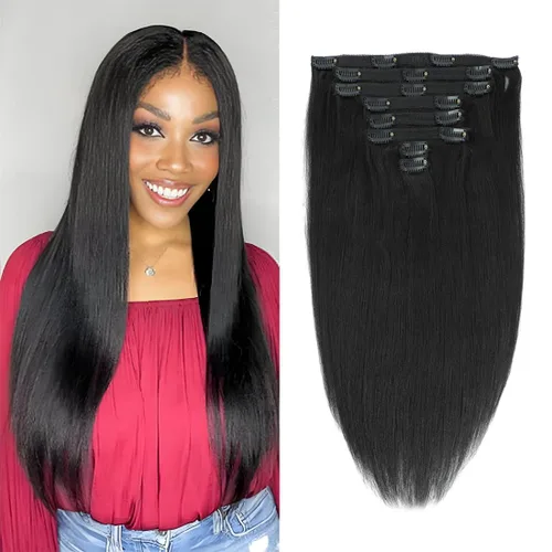 Miniatura 10 de Extensiones de cabello liso con clip para mujeres negras, 14 pulgadas, cabello humano sin procesar, grado 10A, suave, sedoso, color natural, clip