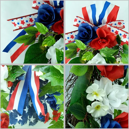 Miniatura 6 de YULETIME Botín decorativo de lágrima de 24 pulgadas, funciona con pilas, guirnalda temática patriótica con luces de hadas, rosas rojas, blancas