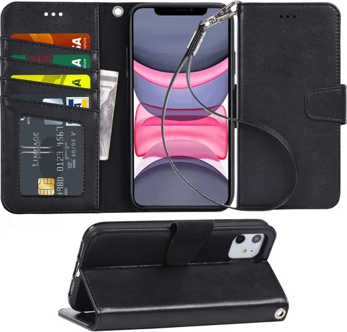 Arae Funda para iPhone 11 Funda tipo cartera con tarjetero de piel sintética con correa para la muñeca y [4 ranuras] Bolsillo para tarjetas de Negro