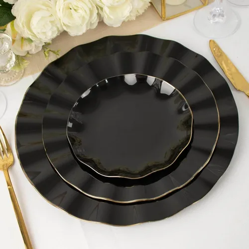 Miniatura 6 de Efavormart 10 Pack Platos redondos de plástico negro de 6" para postre y ensalada, platos desechables para aperitivos con borde ondulado dorado