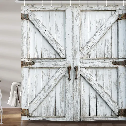 Miniatura 27 de Cortina de ducha de puerta de granero de madera rústica, 60 x 70 pulgadas, beige
