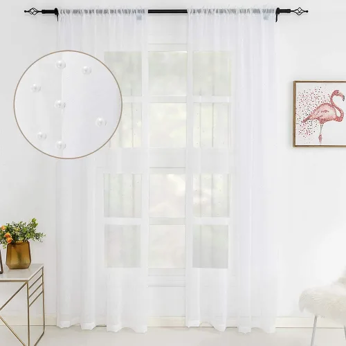 Miniatura 13 de Cortinas traslúcidas blancas de gasa con perlas blancas, paneles de tratamiento de ventanas, hermosas cortinas de gasa elegantes para sala de estar