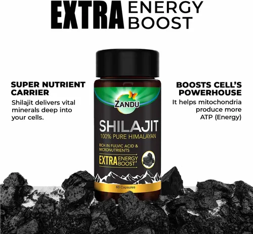 Miniatura 3 de Zandu Cápsulas Shilajit (60 cápsulas) infundidas con bondad de extractos naturales de Shilajit para mejorar la energía y la fuerza en los hombres