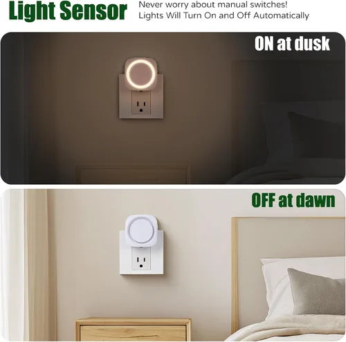 Miniatura 4 de Luces nocturnas de color blanco cálido enchufables en la pared, paquete de 4 luces nocturnas regulables con sensor automático de atardecer a