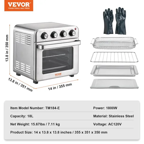 Miniatura 7 de VEVOR Horno tostador con freidora de aire 7 en 1, horno de convección de 18 L, horno tostador de acero inoxidable de 1800 W, combo de encimera