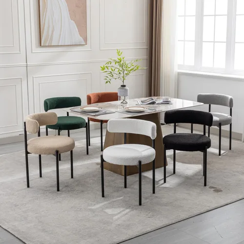 Miniatura 9 de Juego de 2 sillas de comedor Boucle, sillas de comedor beige con asiento tapizado y respaldo redondo, sillas de cocina modernas de mediados de siglo