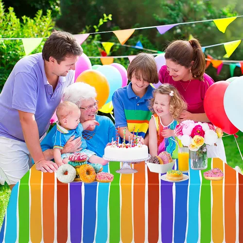 Miniatura 5 de PHOGARY Paquete de 3 manteles con temática de arco iris para decoración de fiestas, manteles rectangulares de plástico desechables, mantel de fiesta