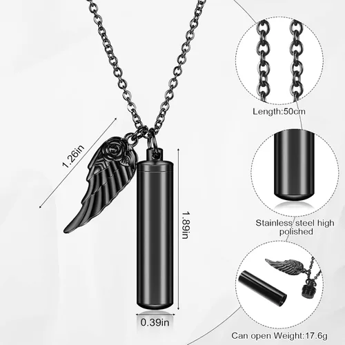 Miniatura 2 de Collar de urna para cenizas, joyería de cremación cilíndrica con dije de ala de ángel, recuerdo conmemorativo, recuerdo para mujeres y hombres