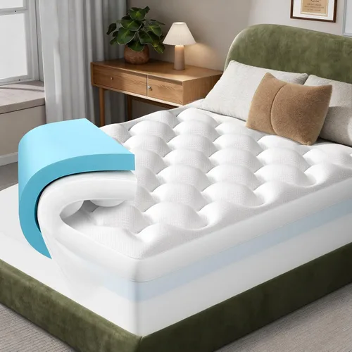 Miniatura 11 de OhGeni - Cubrecolchón de espuma viscoelástica de 2 pulgadas con funda, funda de cama suave con base antideslizante, mejorado con gel refrescante