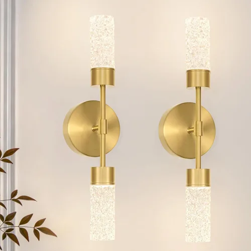 Miniatura 12 de Juego de 2 apliques de pared LED de cristal, lámparas de baño de oro cepillado, modernas luces de baño con LED con cable para dormitorio, sala