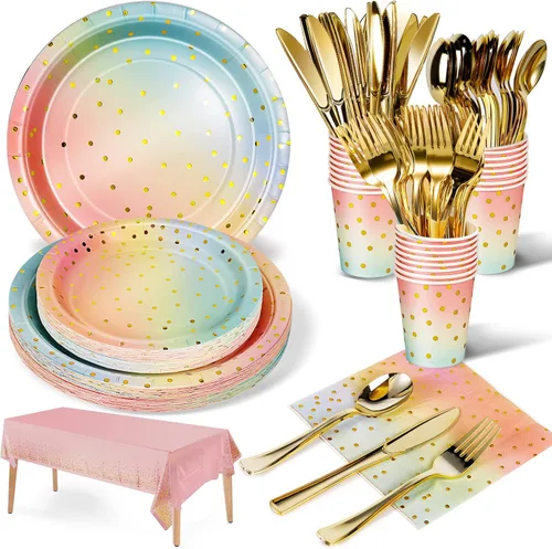 Miniatura 8 de Nkaiso 141 piezas de suministros de fiesta de puntos verdes, juegos de decoración de fiesta desechables incluyen platos de papel, servilletas
